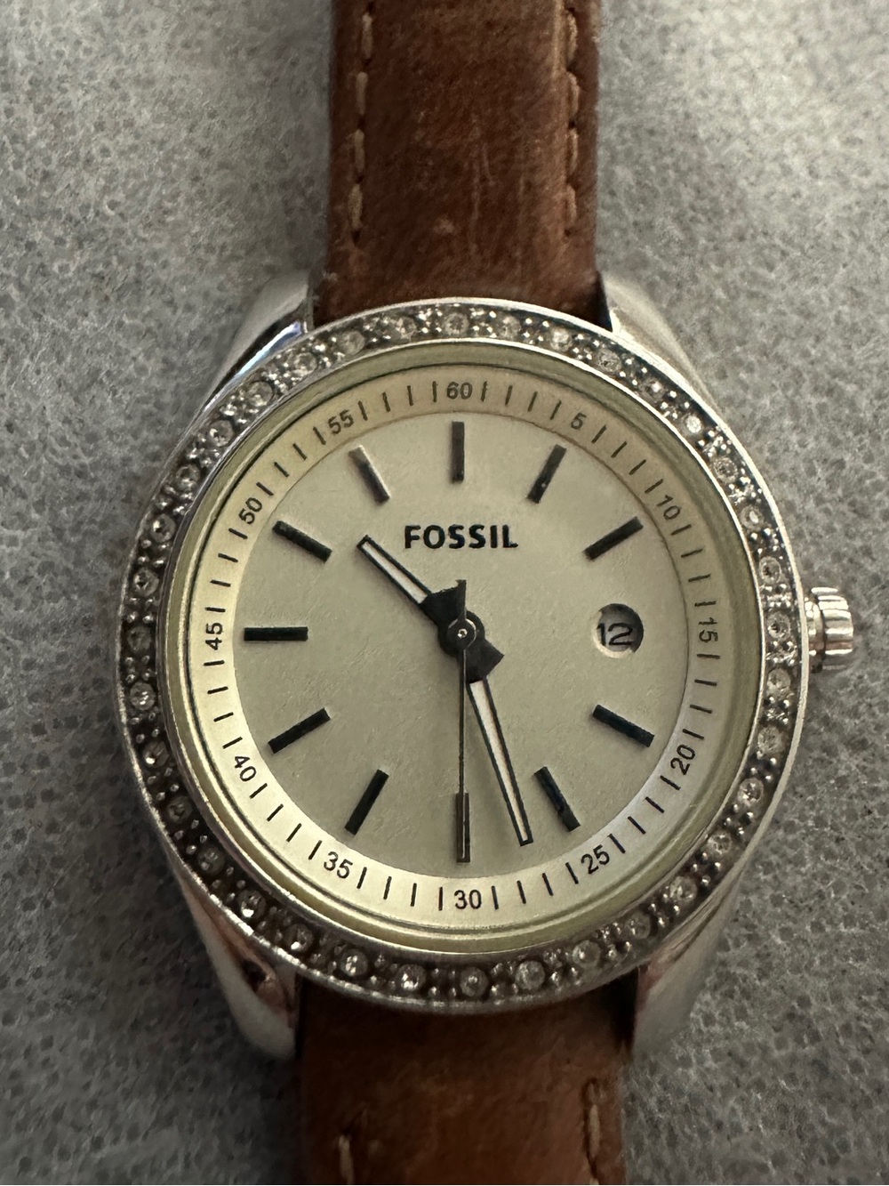Fossil Silver-Tone Crystal Bezel Watch with Brown Leather Strap